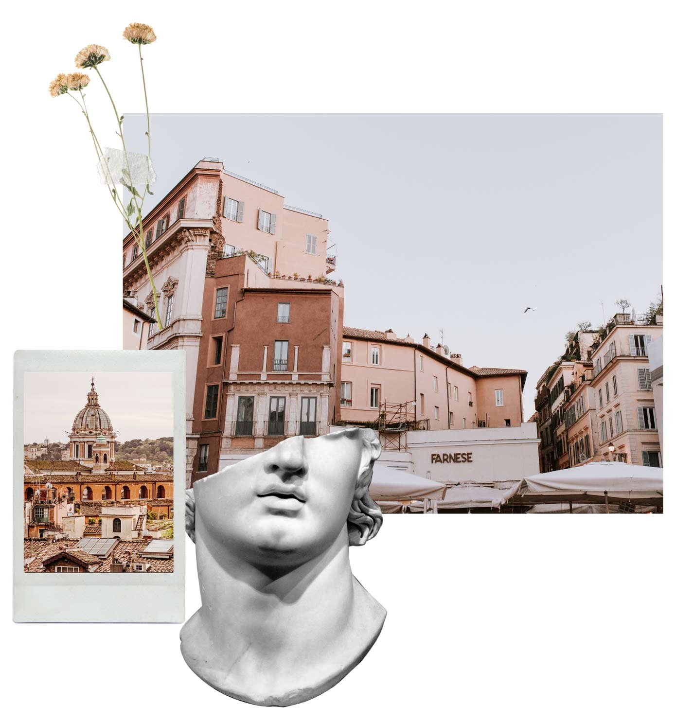 Collage of Rome: a polaroid of a dome over the rooftops, a marble head, and the buildings around Campo de' Fiori